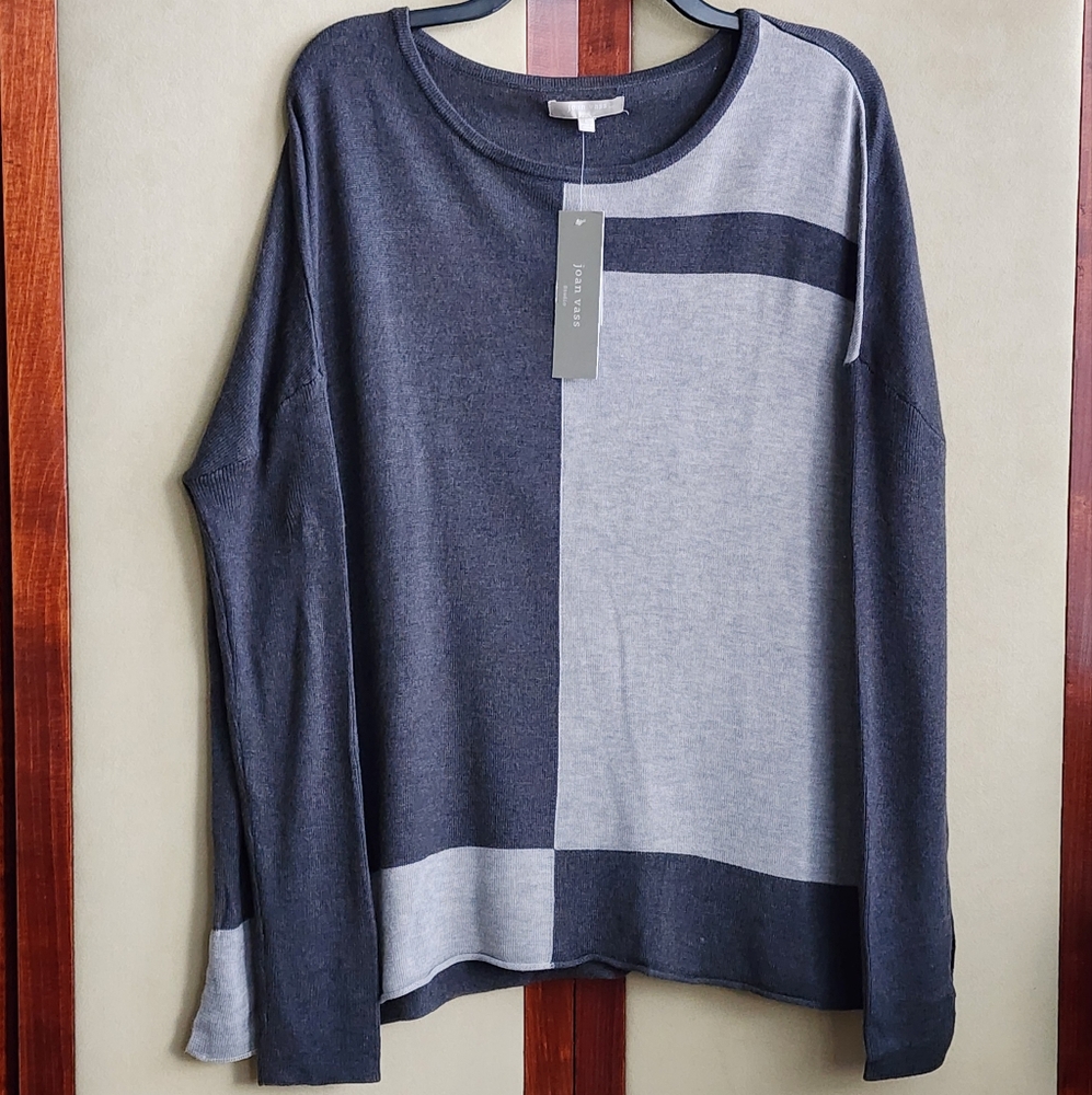 Joan Vass Cashmere Grey Color Block Tunic Blend Sweater L